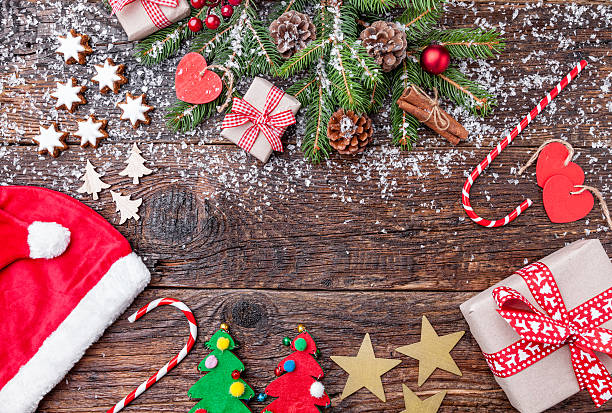 istock Christmas decoration on wooden background with copy space 622995442