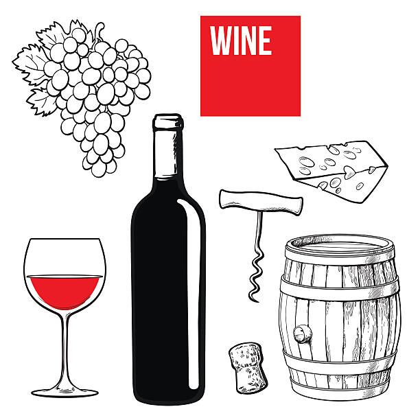 zestaw do wina z butelki, szklanki, beczki, winogron, sera, korkociągu - cheese wine white background grape stock illustrations