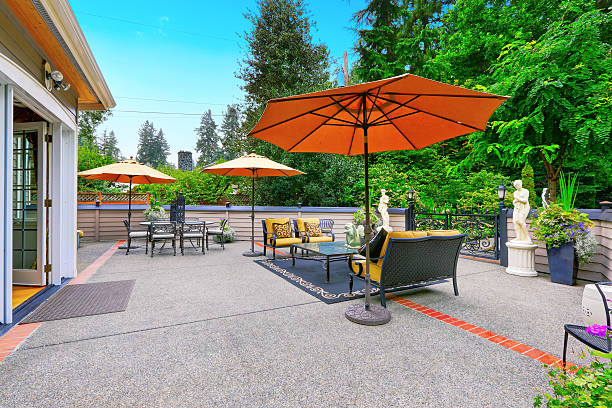 istock View of luxury house back yard with beautiful statues 623057736