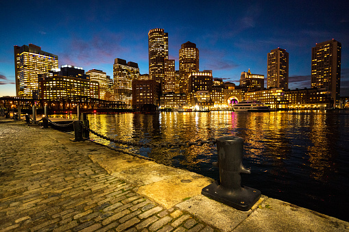 beautiful sunset on the city of Boston from pier