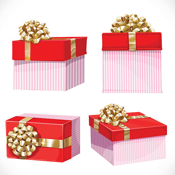 праздничные подарки в красных коробках с золотым луком - christmas backgrounds gift bow stock illustrations