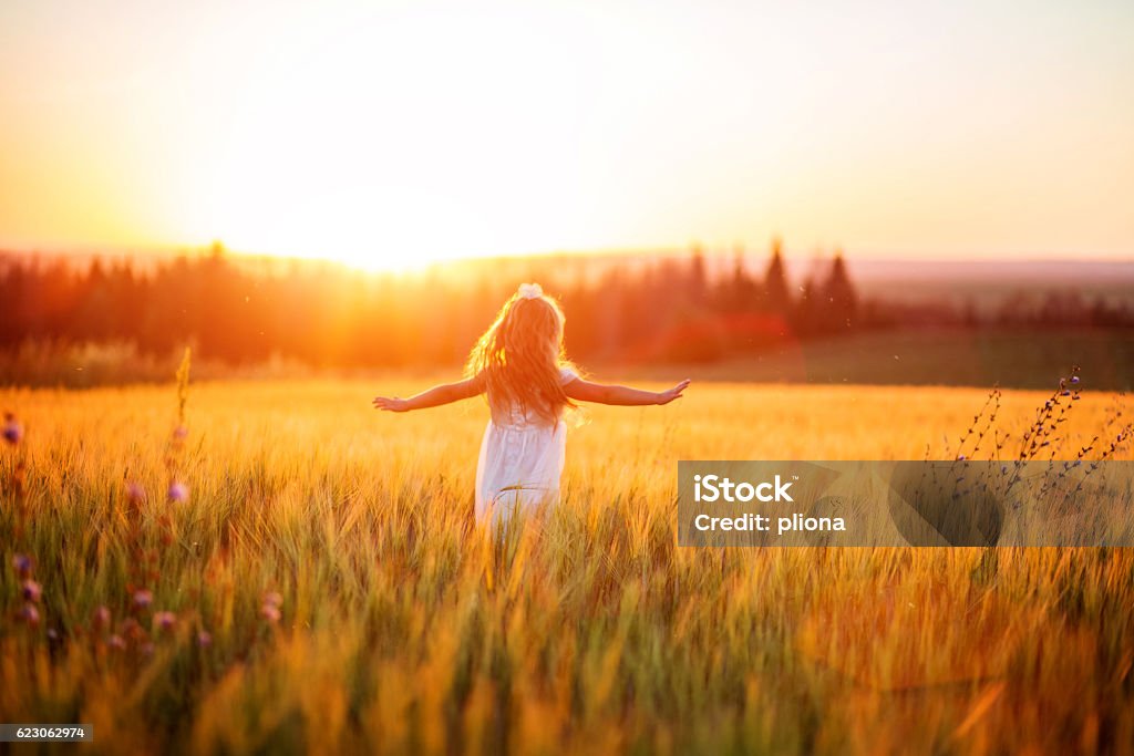Bambina in abito bianco in campo al tramonto - Foto stock royalty-free di Bambino