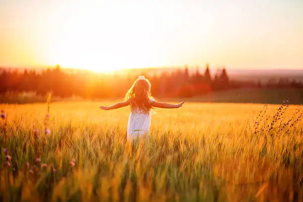 Photo of Little girl in white dress in field at sunset