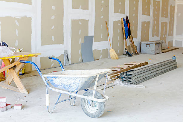 Set of different tools, goods are placed indoor.