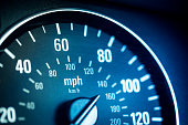 Close up macro image of blue car speedometer