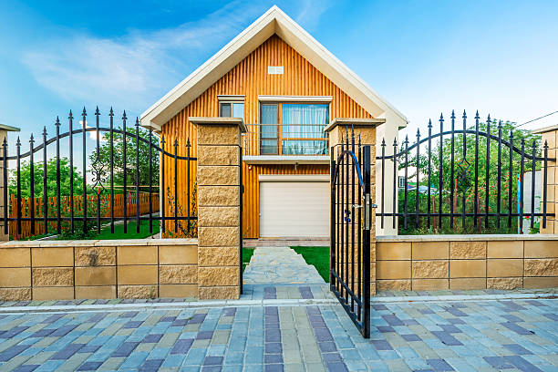 istock Beautiful wooden house with a lawn. 623065136