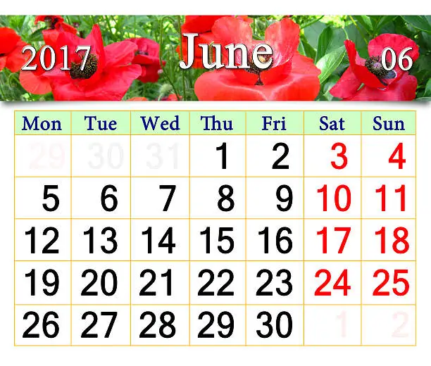 calendar for June 2017 with ribbon of red poppies. Calendar for mass printing
