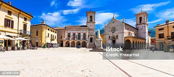 Norcia Piazza Of San Benedetto Umbria Italy Stock Photo - Download Image Now - Town Square, Italy, Village