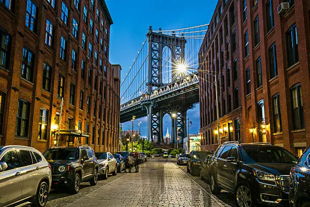 View of the Manhattan bridge from Dumbo, Brooklyn, New York City, USA