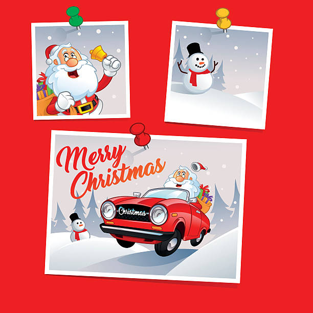 Christmas Funny Santa Claus, he is driving a red car christmas card photos stock illustrations
