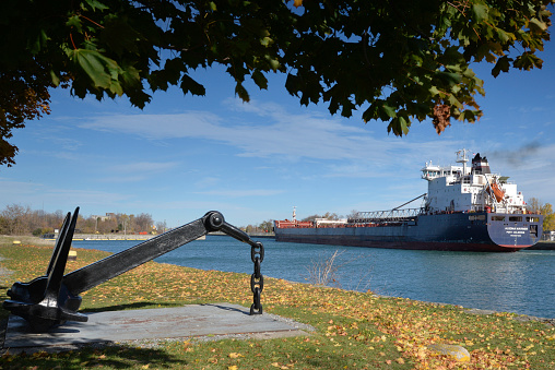 Port Colborne, Ontario, Canada - November 10, 2016: The Algoma Mariner Bulk Carrier navigating north up the Welland Canal