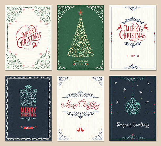 verzierte weihnachts-grußkarten-set - weihnachtskarte stock-grafiken, -clipart, -cartoons und -symbole