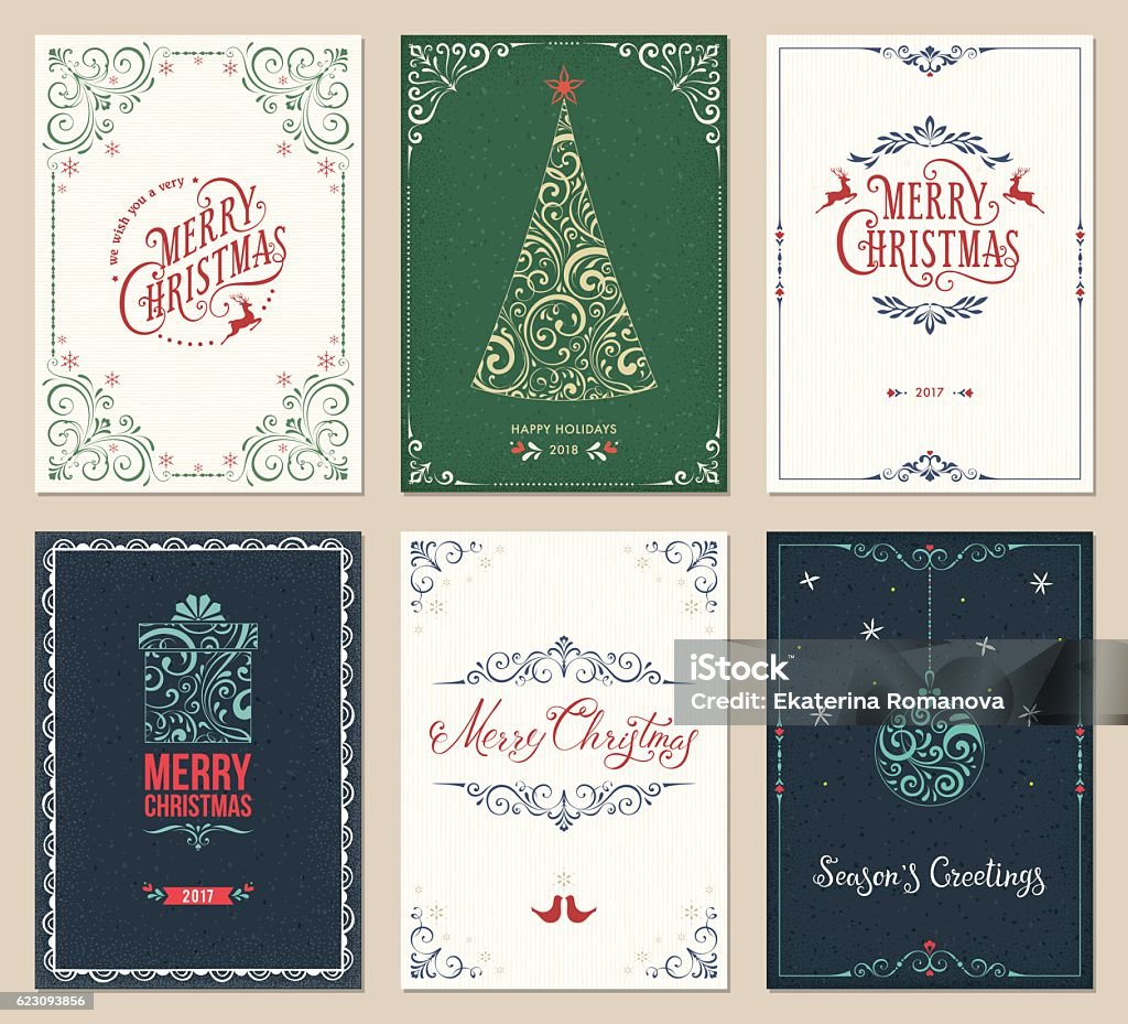 Ornate Christmas Greeting Cards Set Ornate Merry Christmas greeting cards templates. Vector illustration. Christmas Card stock vector