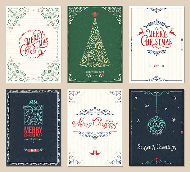 Ornate Christmas Greeting Cards Set Ornate Merry Christmas greeting cards templates. Vector illustration. christmas card stock illustrations