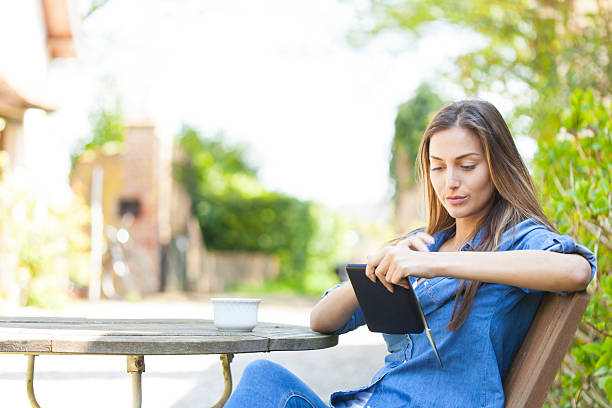 istock Woman reading e-book and drinking coffee outdoors 623095354
