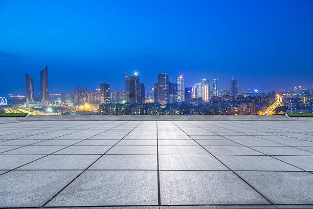 istock Empty floor and modern city skyline in Nanjing at night 623095680