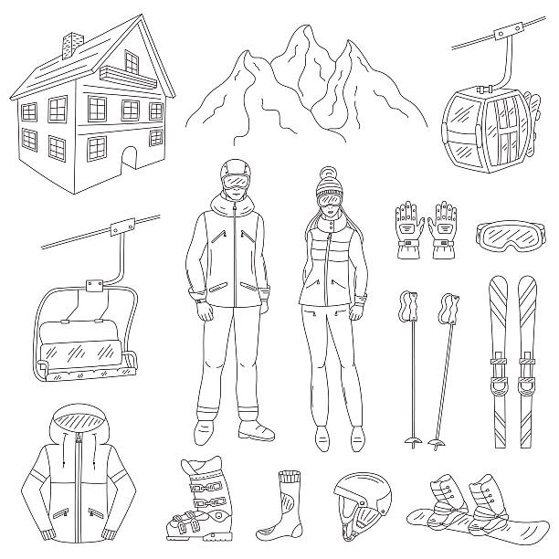 ilustrações de stock, clip art, desenhos animados e ícones de ski resort icons set  vector illustration. - snowboard boot