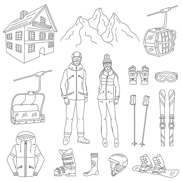 Ski resort icons set vector illustration. Ski resort icons set snowboarder man and woman, resort hotel, mountains, funicular, chairlift, winter sport equipment, isolated hand drawn doodle vector illustration. kids snow suits stock illustrations