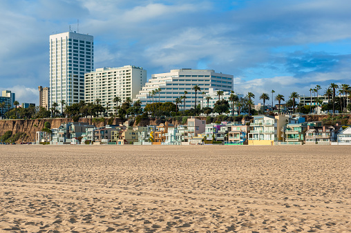 Houses on Santa Monica Beach, Los Angeles County, California, USA.