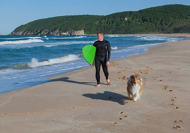 surfista stanco con collie dog friend trasportare tavola da surf - horizon over land sports and fitness nature wave foto e immagini stock