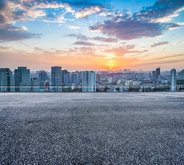 Empty floor and modern city skyline in wuhan,chinaEmpty floor and modern city skyline in wuhan,china