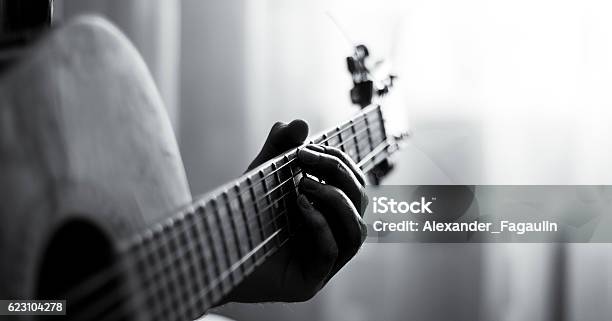 Playing Guitar Black And White Stock Photo - Download Image Now - Acoustic Guitar, Guitar, Acoustic Music