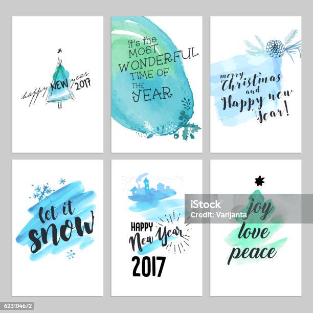 Christmas And New Year Hand Drawn Greeting Cards Set Stock Illustration - Download Image Now