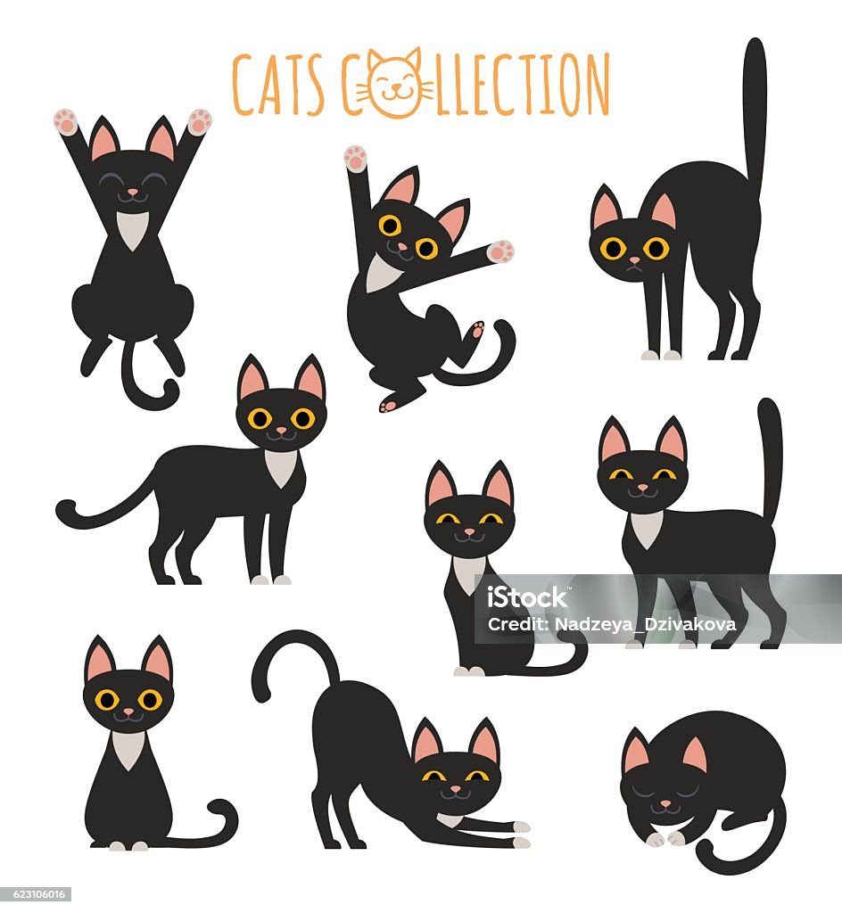 Black cats collection Set of vector images of cute black cat in various poses - sitting, stretches, walks, lies and bends Domestic Cat stock vector
