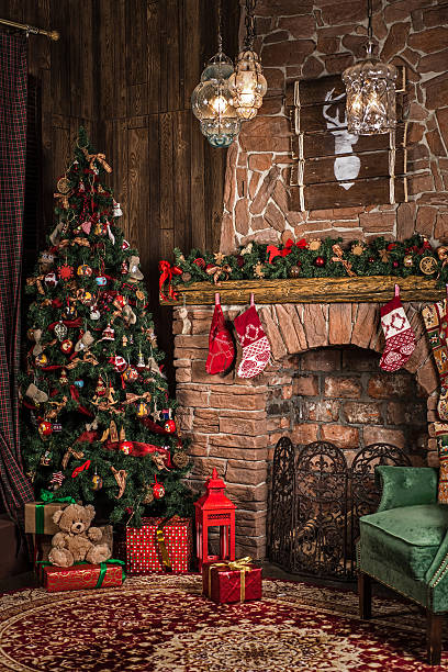 istock Christmas room interior with fireplace and christmas tree 623107822