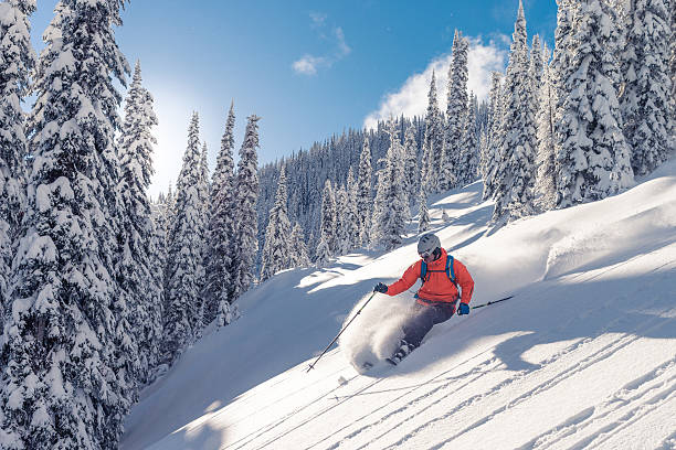 Powder skiing Male skier on powder slope. skiing photos stock pictures, royalty-free photos & images