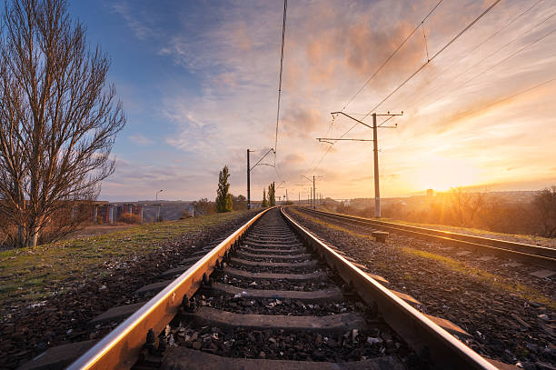 istock Railroad against beautiful sky at sunset. Industrial landscape 623109274