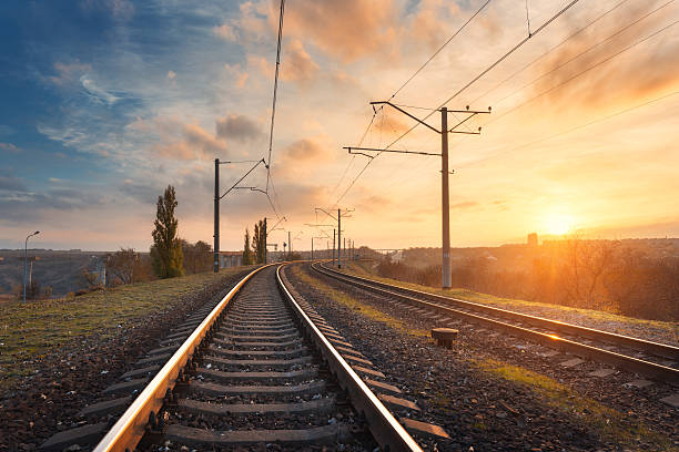 istock Railroad against beautiful sky at sunset. Industrial landscape 623109478