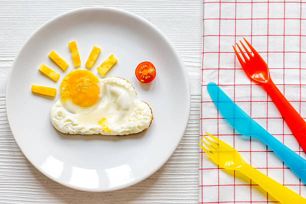 istock sunshine fried eggs breakfast for kid on wooden background 623111452
