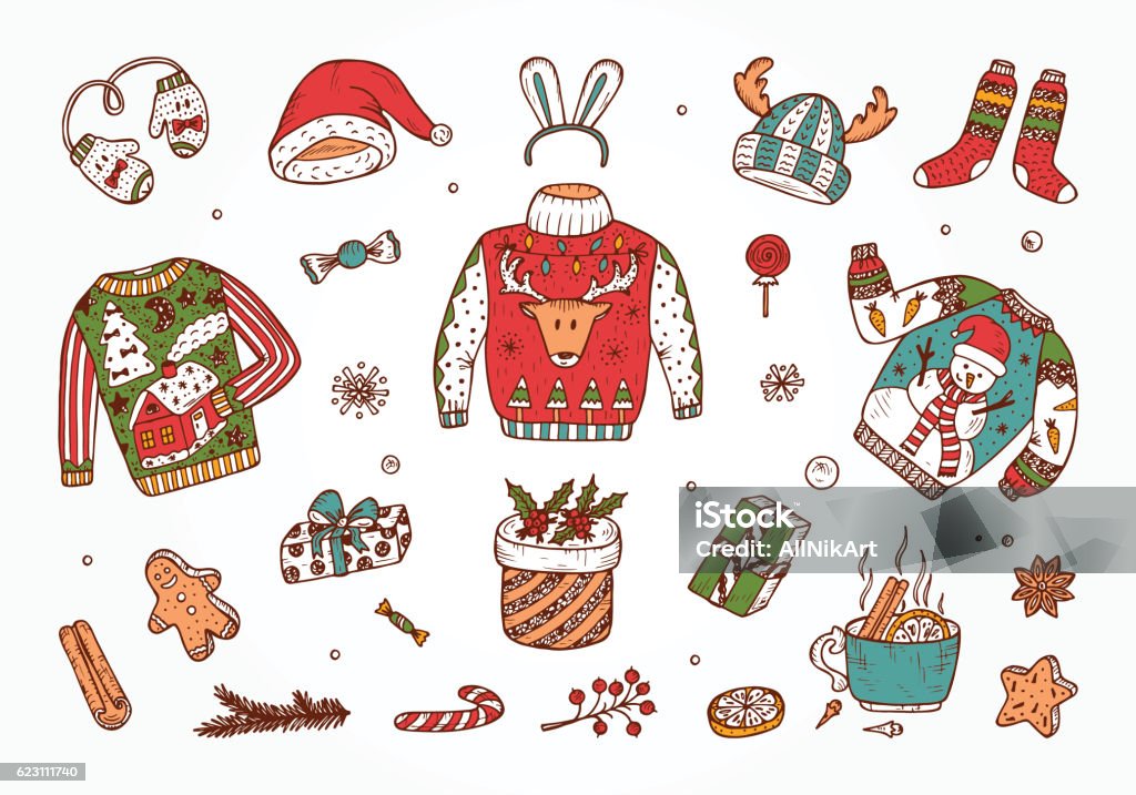 Doodle Urlaub Set. Hässliche Weihnachten Pullover Party. Vector Xmas-Elemente - Lizenzfrei Weihnachtspullover Vektorgrafik