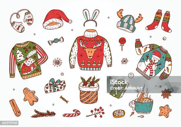 Doodle Urlaub Set Hässliche Weihnachten Pullover Party Vector Xmaselemente Stock Vektor Art und mehr Bilder von Weihnachtspullover