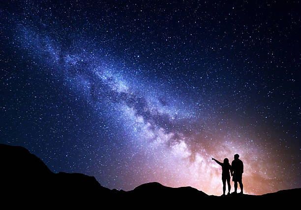 Photo of Milky Way with silhouette of people on the mountain