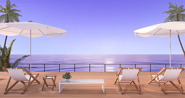 istock 3d rendering beach bed on wood terrace  in twilight scene 623118482