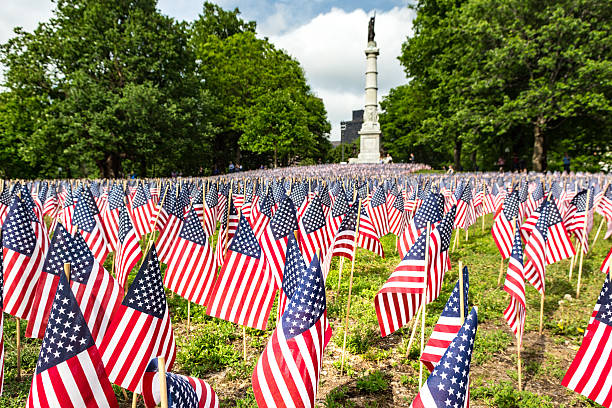 Garden of flags for American memorail day in Boston stock photo