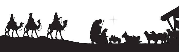 Christmas Nativity Scene, Three Wise men in Front of Stable