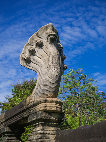 Seven heads Naga sand stone carving statue at Phimai historical park. Prasat Hin Phimai Nakhon ratchasima Thailand.