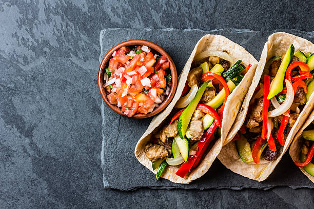 istock Mexican pork tacos with vegetables. Top view 623120064