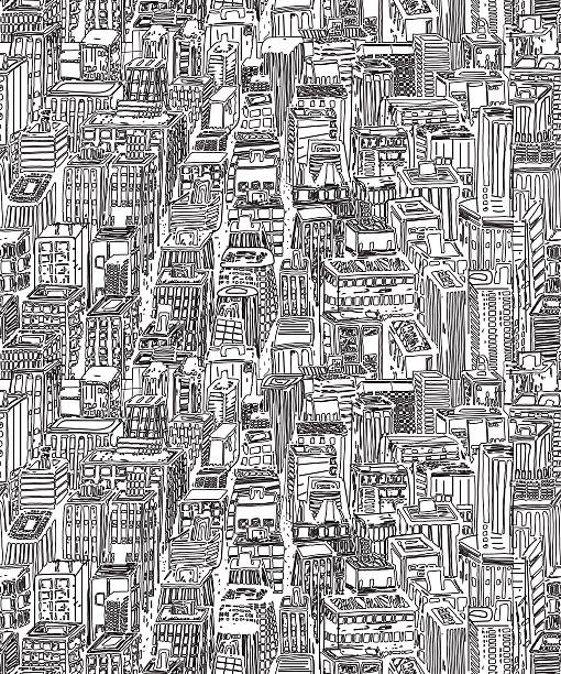 Hand drawn seamless pattern with big city New York Hand drawn seamless pattern with big city New York. Vector vintage illustration with NYC architecture, skyscrapers, megapolis, buildings, downtown. new york skyline drawing stock illustrations