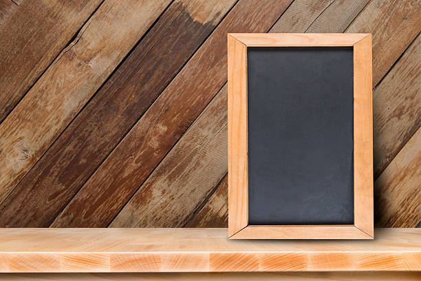 Blackboard menu with on wooden table with blurred bokeh background, And copy space for adding your content