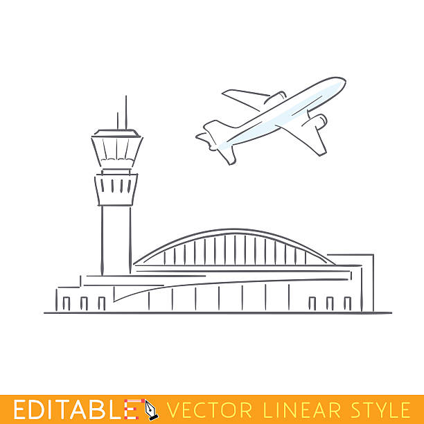 самолет взлетает в аэропорту. airbus отходит. эскиз контура - flying vacations doodle symbol stock illustrations