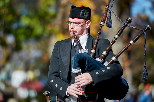 Prescott, AZ, USA - November 10, 2016: Man in uniform with bagpipes at the Veterans Day Parade in Prescott, Arizona, USA.
