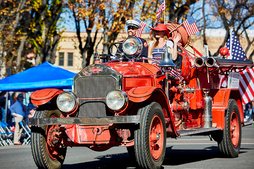 Prescott, AZ, USA - November 10, 2016: Vintage town fire engine truck at the Veterans Day Parade in Prescott, Arizona, USA.