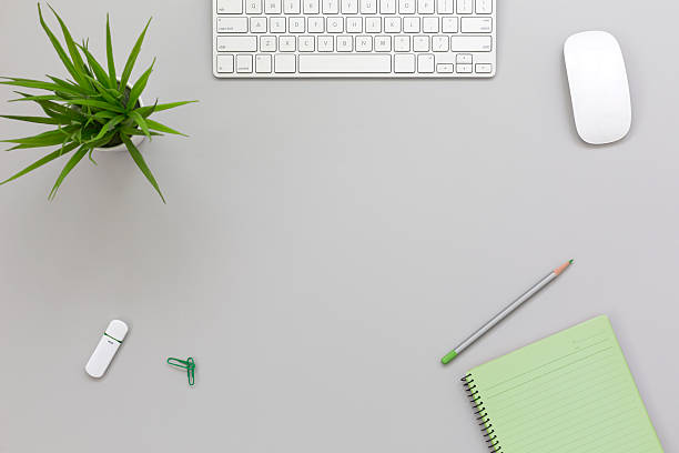 istock Working Place on grey Table with Business and Lifestyle Items 623125074