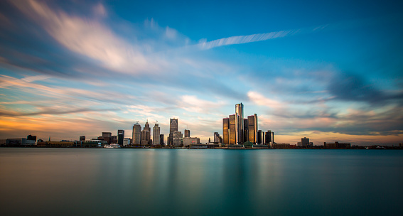 A panorama of the Detroit, Michigan skyline, as seen from across the Detroit River in Windsor, Ontario.