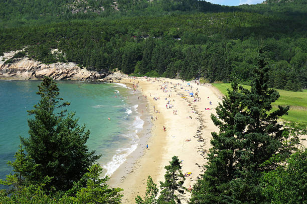 Sand Beach View of Sand Beach from Great Head at Acadia National Park acadia national park maine stock pictures, royalty-free photos & images