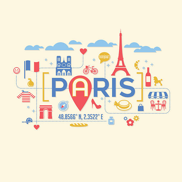 paris frankreich ikonen und typografie-design für karten, t-shirts, plakate. - paris france arc de triomphe france french culture stock-grafiken, -clipart, -cartoons und -symbole